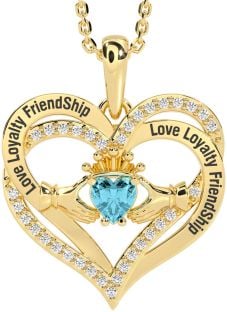 Diamond Aquamarine Gold Silver Irish "Love, Loyalty, & Friendship" Claddagh Heart Necklace