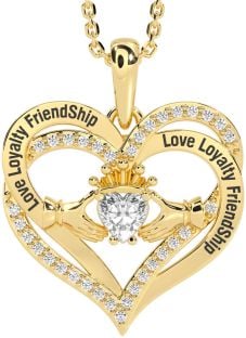 Diamond Gold Silver Irish "Love, Loyalty, & Friendship" Claddagh Heart Necklace