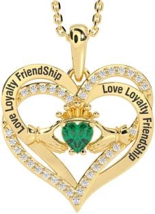 Diamond Emerald Gold Silver Irish "Love, Loyalty, & Friendship" Claddagh Heart Necklace