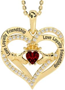 Diamond Garnet Gold Silver Irish "Love, Loyalty, & Friendship" Claddagh Heart Necklace