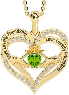 Diamond Peridot Gold Silver Irish "Love, Loyalty, & Friendship" Claddagh Heart Necklace