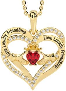 Diamond Ruby Gold Silver Irish "Love, Loyalty, & Friendship" Claddagh Heart Necklace