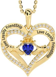 Diamond Sapphire Gold Silver Irish "Love, Loyalty, & Friendship" Claddagh Heart Necklace