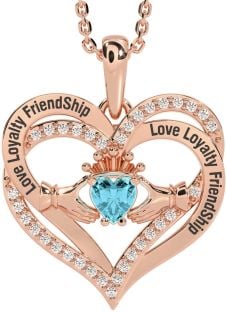 Diamond Aquamarine Rose Gold Irish "Love, Loyalty, & Friendship" Claddagh Heart Necklace