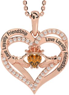 Diamond Citrine Rose Gold Irish "Love, Loyalty, & Friendship" Claddagh Heart Necklace