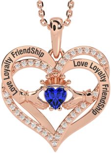 Diamond Sapphire Rose Gold Irish "Love, Loyalty, & Friendship" Claddagh Heart Necklace