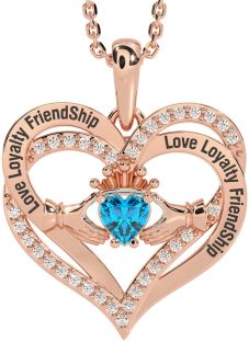 Diamond Topaz Rose Gold Irish "Love, Loyalty, & Friendship" Claddagh Heart Necklace