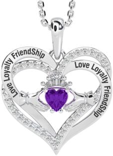 Diamond Amethyst Silver Irish "Love, Loyalty, & Friendship" Claddagh Heart Necklace