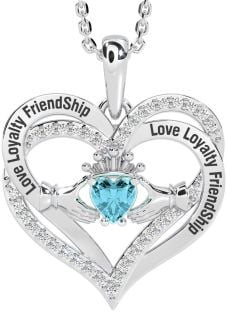 Diamond Aquamarine Silver Irish "Love, Loyalty, & Friendship" Claddagh Heart Necklace