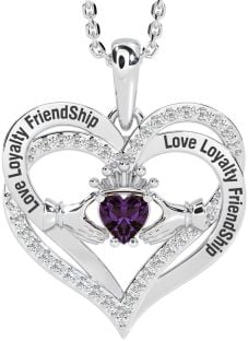 Diamond Alexandrite Silver Irish "Love, Loyalty, & Friendship" Claddagh Heart Necklace