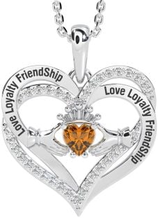 Diamond Citrine Silver Irish "Love, Loyalty, & Friendship" Claddagh Heart Necklace