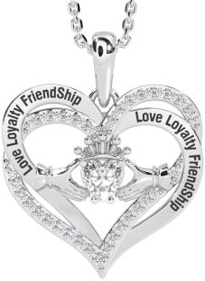 Diamond Silver Irish "Love, Loyalty, & Friendship" Claddagh Heart Necklace