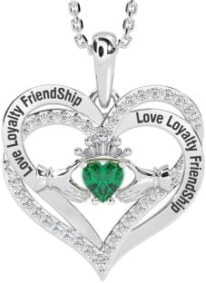 Diamond Emerald Silver Irish "Love, Loyalty, & Friendship" Claddagh Heart Necklace