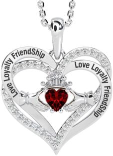 Diamond Garnet Silver Irish "Love, Loyalty, & Friendship" Claddagh Heart Necklace