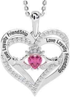 Diamond Pink Tourmaline Silver Irish "Love, Loyalty, & Friendship" Claddagh Heart Necklace