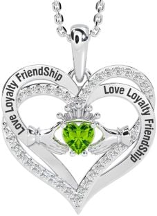 Diamond Peridot Silver Irish "Love, Loyalty, & Friendship" Claddagh Heart Necklace