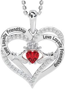 Diamond Ruby Silver Irish "Love, Loyalty, & Friendship" Claddagh Heart Necklace