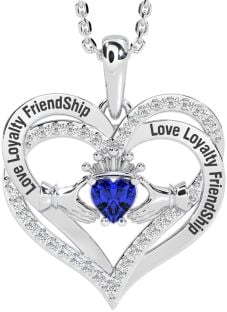 Diamond Sapphire Silver Irish "Love, Loyalty, & Friendship" Claddagh Heart Necklace