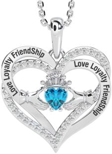 Diamond Topaz Silver Irish "Love, Loyalty, & Friendship" Claddagh Heart Necklace