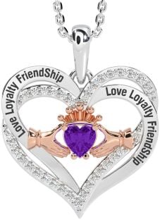 Diamond Amethyst Rose Gold Silver Irish "Love, Loyalty, & Friendship" Claddagh Heart Necklace