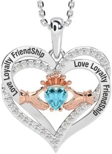 Diamond Aquamarine Rose Gold Silver Irish "Love, Loyalty, & Friendship" Claddagh Heart Necklace