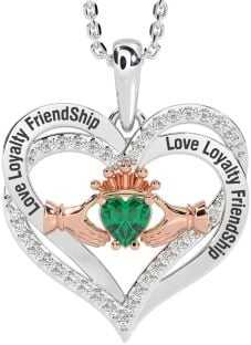 Diamond Emerald Rose Gold Silver Irish "Love, Loyalty, & Friendship" Claddagh Heart Necklace