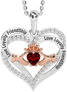 Diamond Garnet Rose Gold Silver Irish "Love, Loyalty, & Friendship" Claddagh Heart Necklace