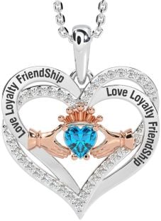 Diamond Topaz Rose Gold Silver Irish "Love, Loyalty, & Friendship" Claddagh Heart Necklace