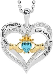 Diamond Aquamarine Gold Silver Irish "Love, Loyalty, & Friendship" Claddagh Heart Necklace