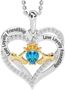 Diamond Topaz Gold Silver Irish "Love, Loyalty, & Friendship" Claddagh Heart Necklace