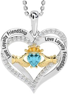 Diamond Aquamarine White Yellow Gold Irish "Love, Loyalty, & Friendship" Claddagh Heart Necklace