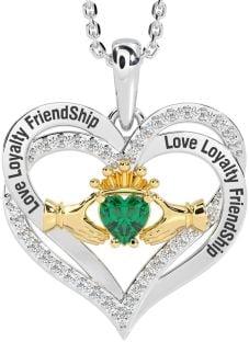 Diamond Emerald White Yellow Gold Irish "Love, Loyalty, & Friendship" Claddagh Heart Necklace