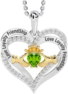 Diamond Peridot White Yellow Gold Irish "Love, Loyalty, & Friendship" Claddagh Heart Necklace