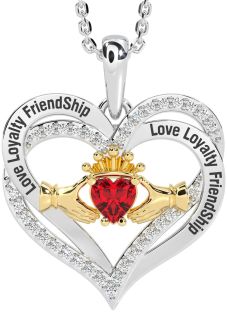 Diamond Ruby White Yellow Gold Irish "Love, Loyalty, & Friendship" Claddagh Heart Necklace