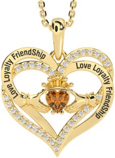 Diamond Citrine Gold Irish "Love, Loyalty, & Friendship" Claddagh Heart Necklace