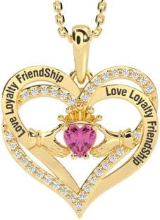 Diamond Pink Tourmaline Gold Irish "Love, Loyalty, & Friendship" Claddagh Heart Necklace