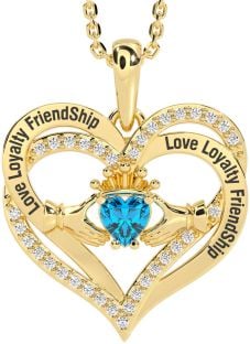 Diamond Topaz Gold Irish "Love, Loyalty, & Friendship" Claddagh Heart Necklace