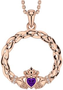 Diamond Amethyst Rose Gold Silver Celtic Claddagh Necklace