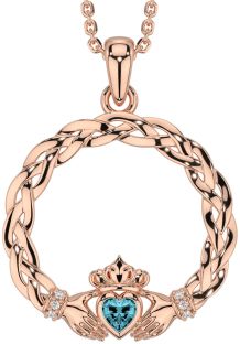 Diamond Aquamarine Rose Gold Silver Celtic Claddagh Necklace