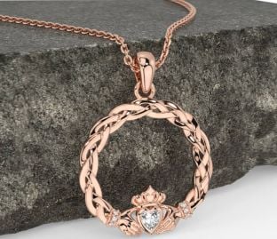 Diamond Rose Gold Silver Celtic Claddagh Necklace