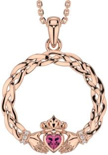 Diamond Pink Tourmaline Rose Gold Silver Celtic Claddagh Necklace