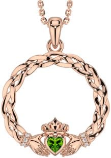 Diamond Peridot Rose Gold Silver Celtic Claddagh Necklace