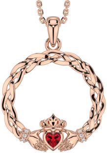 Diamond Ruby Rose Gold Silver Celtic Claddagh Necklace