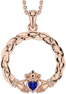 Diamond Sapphire Rose Gold Silver Celtic Claddagh Necklace