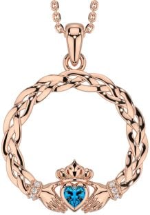 Diamond Topaz Rose Gold Silver Celtic Claddagh Necklace