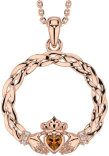 Diamond Citrine Rose Gold Celtic Claddagh Necklace