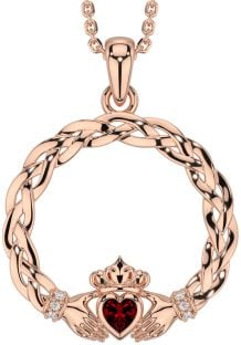 Diamant Granat Reste sig Guld Keltiskt Claddagh Halsband