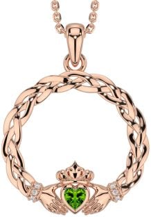 Diamond Peridot Rose Gold Celtic Claddagh Necklace