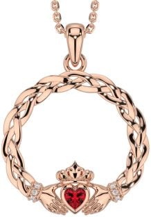 Diamond Ruby Rose Gold Celtic Claddagh Necklace