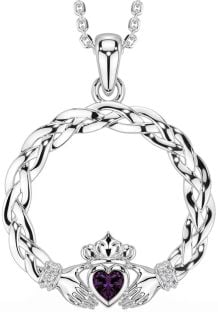 Diamond Alexandrite Silver Celtic Claddagh Necklace